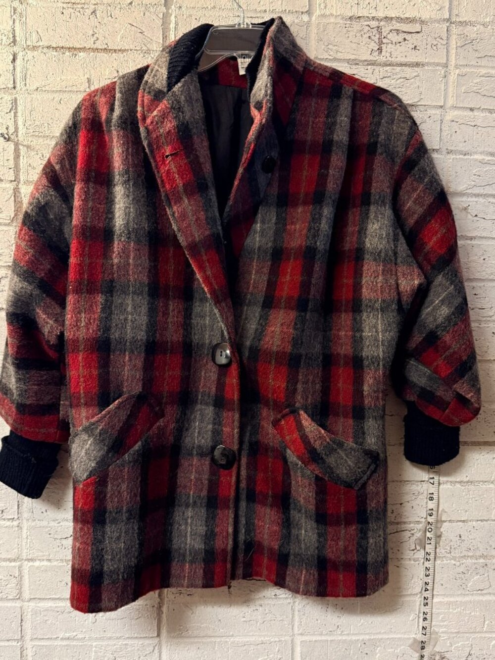 Vintage Michelle Stuart Plaid Wool Coat Made in USA Red Black Oversized Blazer J